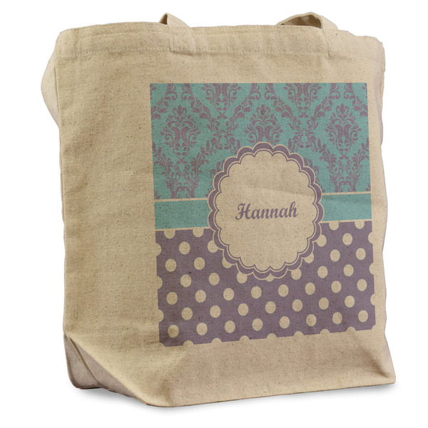 Custom Purple Damask & Dots Reusable Cotton Grocery Bag (Personalized)