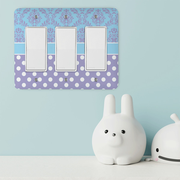 Purple Damask & Dots Rocker Light Switch Covers - Triple - IN CONTEXT