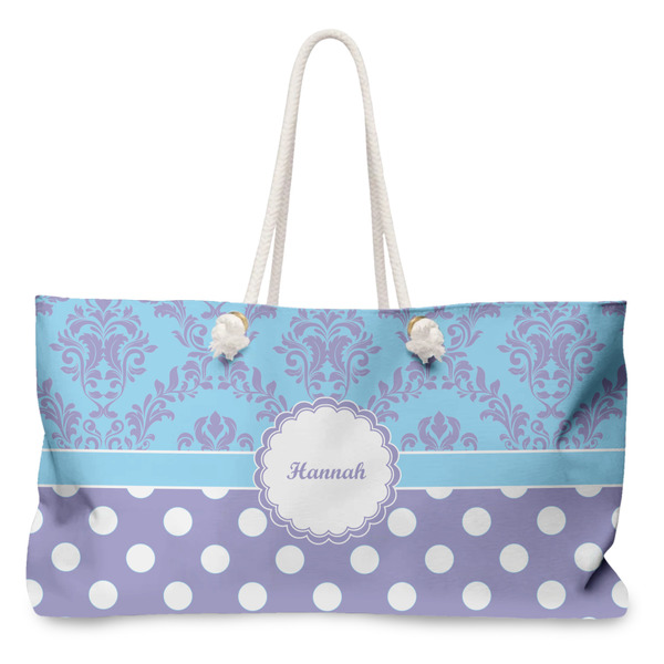 Custom Purple Damask & Dots Large Tote Bag with Rope Handles (Personalized)