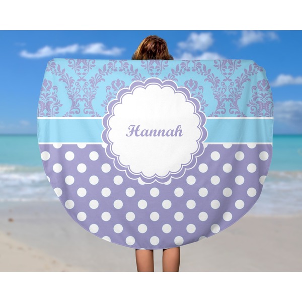 Purple Damask & Dots Round Beach Towel - In Use
