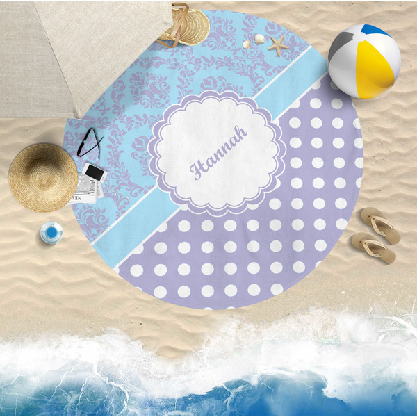 Purple Damask & Dots Round Beach Towel Lifestyle