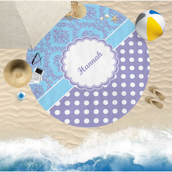 Purple Damask & Dots Round Beach Towel Lifestyle
