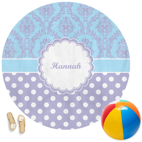 Custom Purple Damask & Dots Round Beach Towel (Personalized)