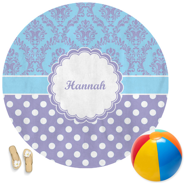 Custom Purple Damask & Dots Round Beach Towel (Personalized)