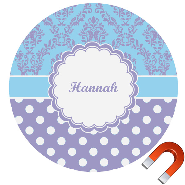 Custom Purple Damask & Dots Round Car Magnet - 6" (Personalized)