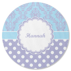 Purple Damask & Dots Round Rubber Backed Coaster (Personalized)