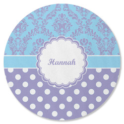 Purple Damask & Dots Round Rubber Backed Coaster (Personalized)