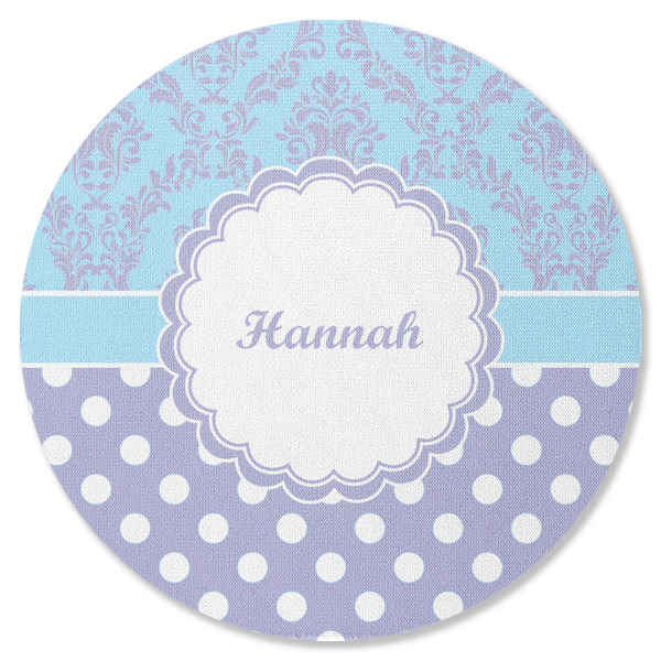 Custom Purple Damask & Dots Round Rubber Backed Coaster (Personalized)