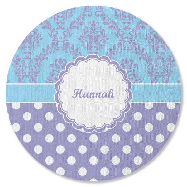Custom Purple Damask & Dots Round Rubber Backed Coaster (Personalized)