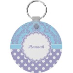 Purple Damask & Dots Round Plastic Keychain (Personalized)