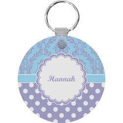 Purple Damask & Dots Round Plastic Keychain (Personalized)