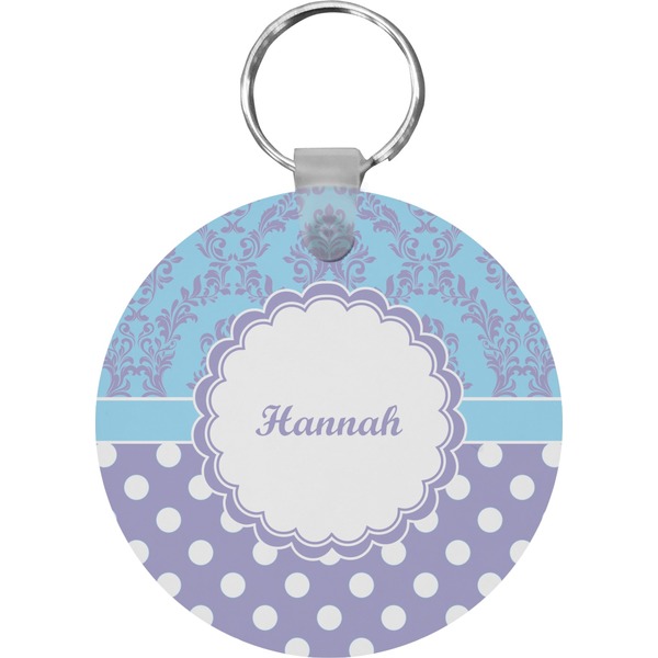 Custom Purple Damask & Dots Round Plastic Keychain (Personalized)