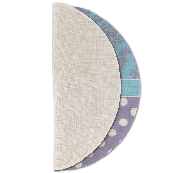 Purple Damask & Dots Round Linen Placemats - HALF FOLDED (single sided)
