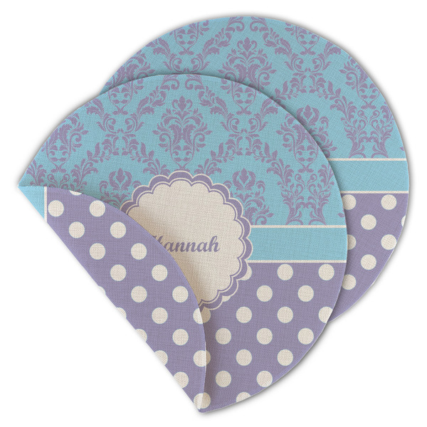 Custom Purple Damask & Dots Round Linen Placemat - Double Sided (Personalized)
