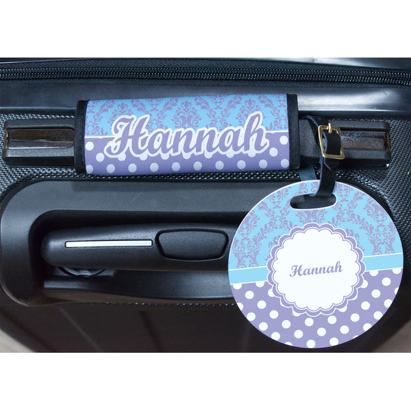 Purple Damask & Dots Round Luggage Tag & Handle Wrap - In Context