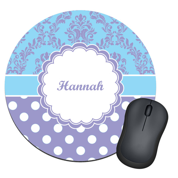 Custom Purple Damask & Dots Round Mouse Pad (Personalized)
