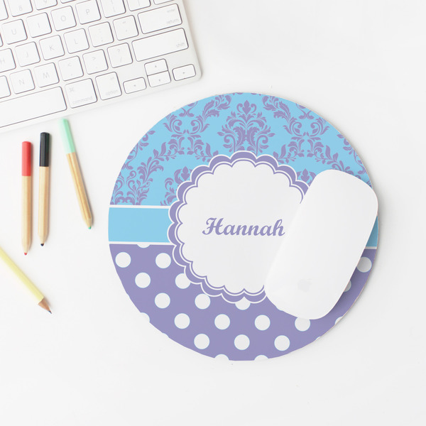Purple Damask & Dots Round Mousepad - LIFESTYLE 2