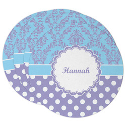 Purple Damask & Dots Round Paper Coasters w/ Name or Text