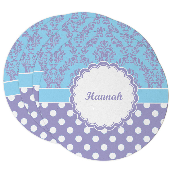 Custom Purple Damask & Dots Round Paper Coasters w/ Name or Text