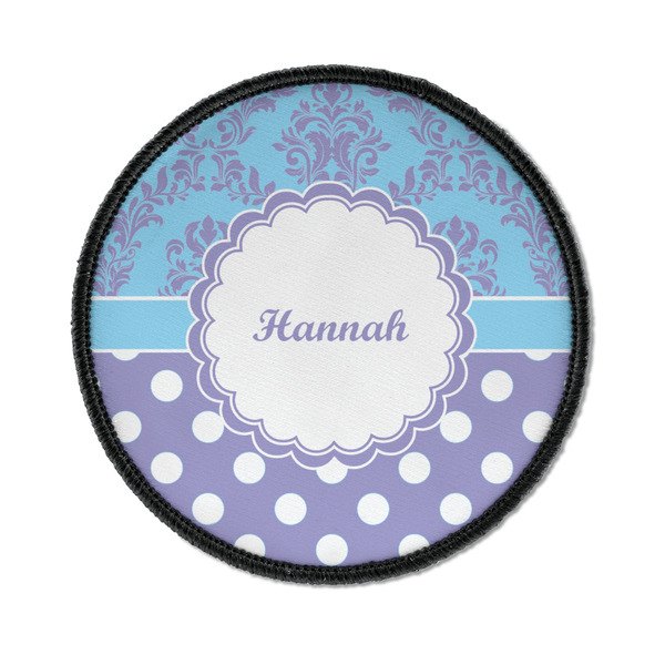 Custom Purple Damask & Dots Iron On Round Patch w/ Name or Text