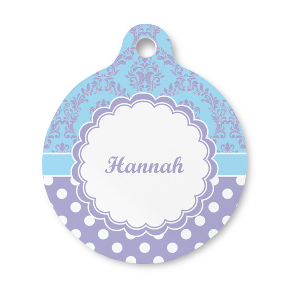 Custom Purple Damask & Dots Round Pet ID Tag - Small (Personalized)