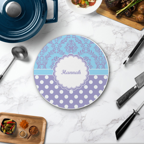 Purple Damask & Dots Round Stone Trivet - In Context View