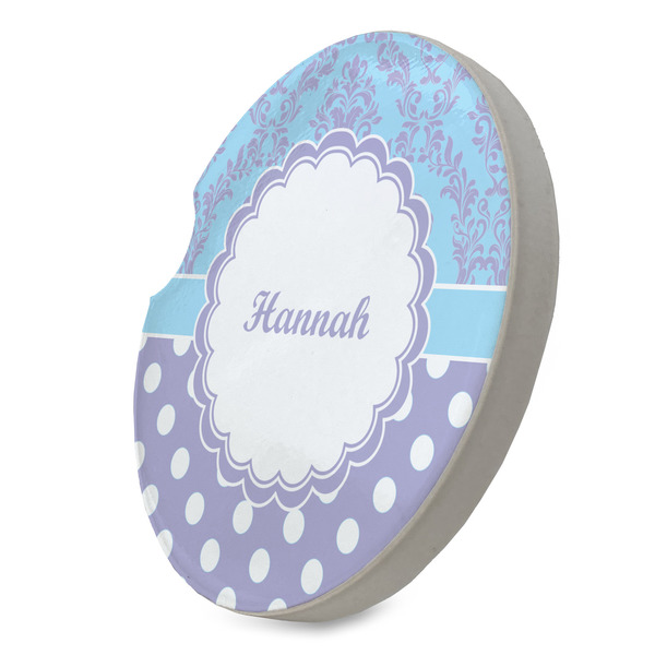Purple Damask & Dots Sandstone Car Coaster - STANDING ANGLE