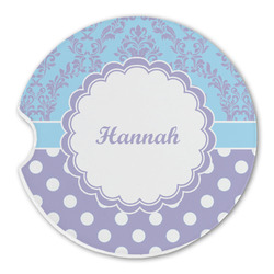 Purple Damask & Dots Sandstone Car Coaster - Single (Personalized)
