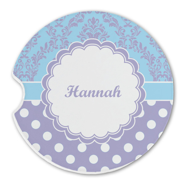 Custom Purple Damask & Dots Sandstone Car Coaster - Single (Personalized)