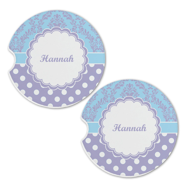 Purple Damask & Dots Sandstone Car Coasters - Set of 2
