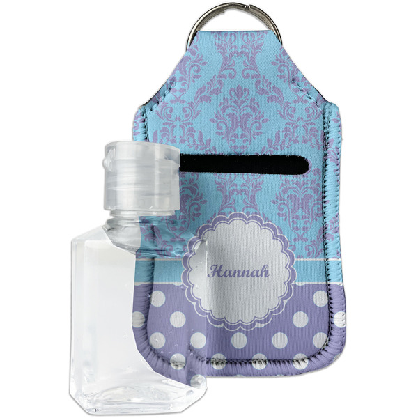 Custom Purple Damask & Dots Hand Sanitizer & Keychain Holder (Personalized)