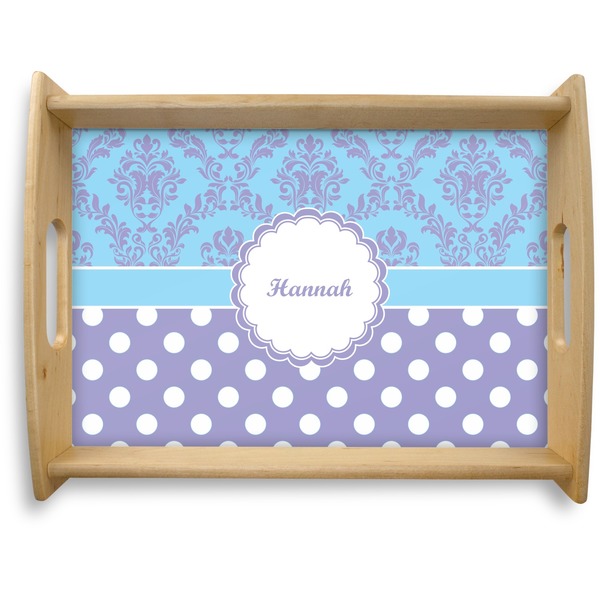 Custom Purple Damask & Dots Natural Wooden Tray - Large (Personalized)
