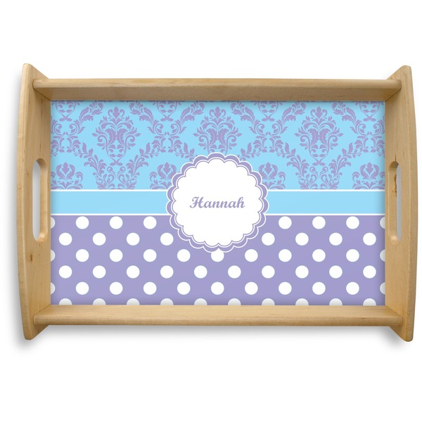 Custom Purple Damask & Dots Natural Wooden Tray - Small (Personalized)