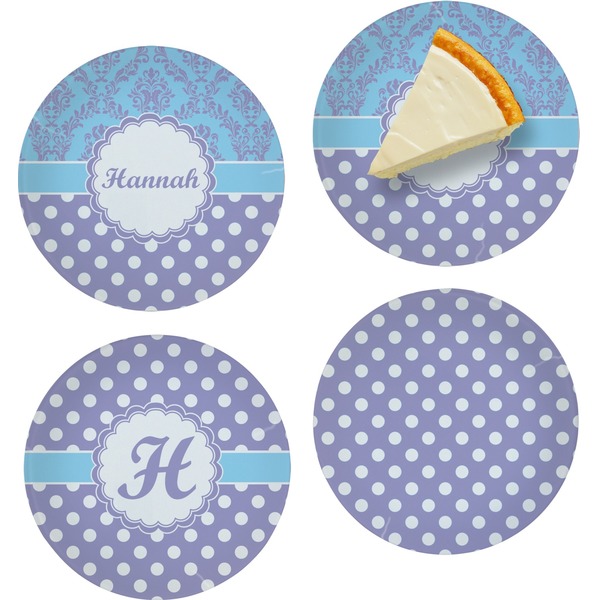 Custom Purple Damask & Dots Set of 4 Glass Appetizer / Dessert Plate 8" (Personalized)