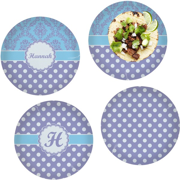 Custom Purple Damask & Dots Set of 4 Glass Lunch / Dinner Plate 10" (Personalized)