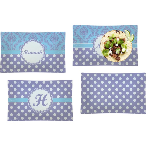 Custom Purple Damask & Dots Set of 4 Glass Rectangular Lunch / Dinner Plate (Personalized)