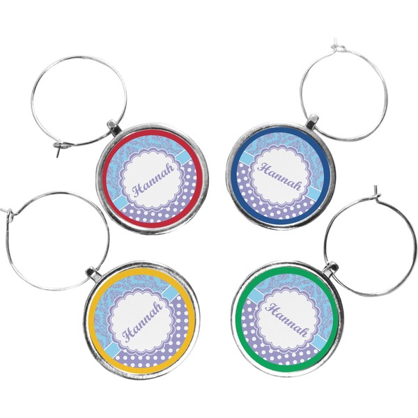 Custom Purple Damask & Dots Wine Charms (Set of 4) (Personalized)
