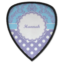 Purple Damask & Dots Iron on Shield Patch A w/ Name or Text