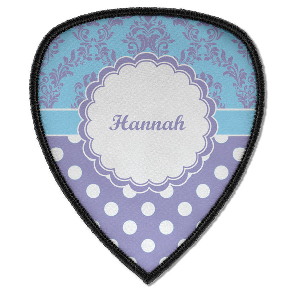 Custom Purple Damask & Dots Iron on Shield Patch A w/ Name or Text