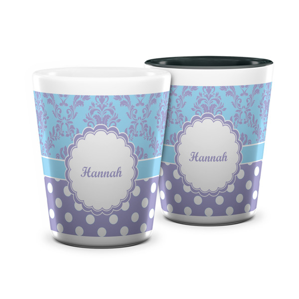 Custom Purple Damask & Dots Ceramic Shot Glass - 1.5 oz (Personalized)