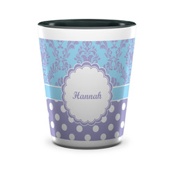 Purple Damask & Dots Ceramic Shot Glass - 1.5 oz - Two Tone - Single (Personalized)