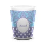 Purple Damask & Dots Ceramic Shot Glass - 1.5 oz - White - Single (Personalized)