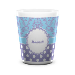 Purple Damask & Dots Ceramic Shot Glass - 1.5 oz - White - Set of 4 (Personalized)