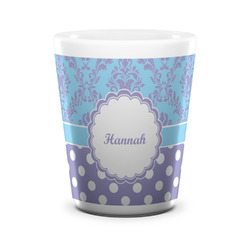 Purple Damask & Dots Ceramic Shot Glass - 1.5 oz - White - Set of 4 (Personalized)
