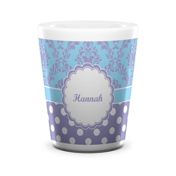 Custom Purple Damask & Dots Ceramic Shot Glass - 1.5 oz - White - Single (Personalized)