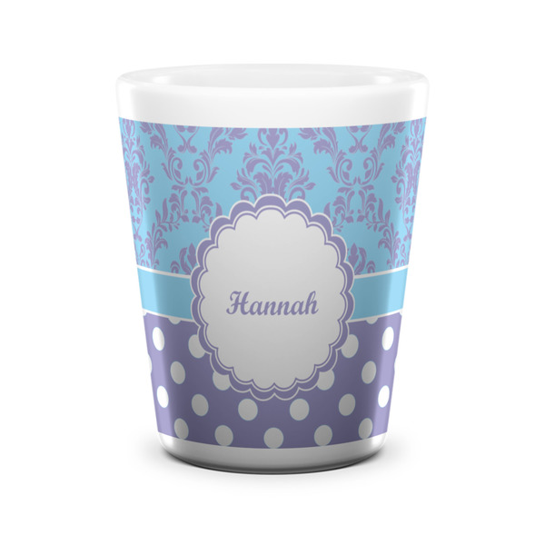 Purple Damask & Dots Shot Glass - White - FRONT
