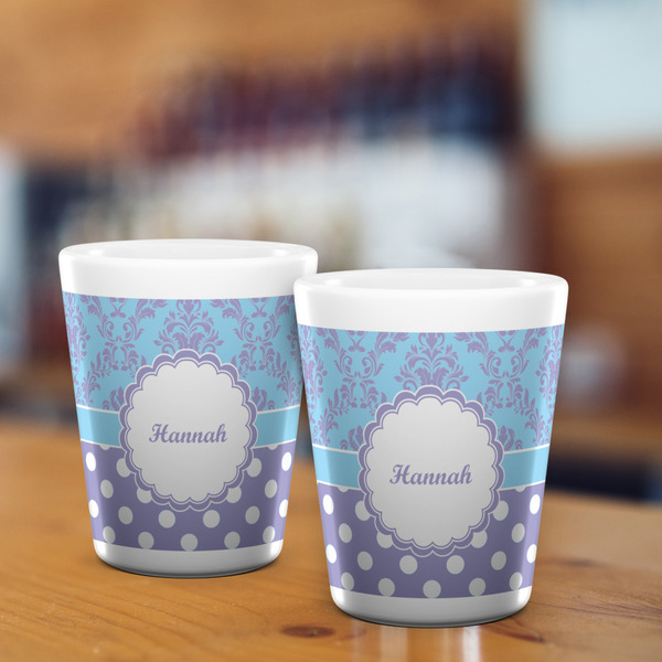 Purple Damask & Dots Shot Glass - White - LIFESTYLE