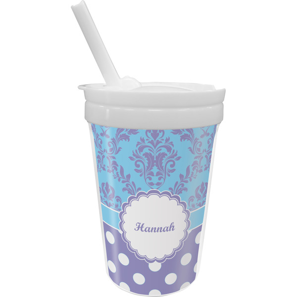 Custom Purple Damask & Dots Sippy Cup with Straw (Personalized)