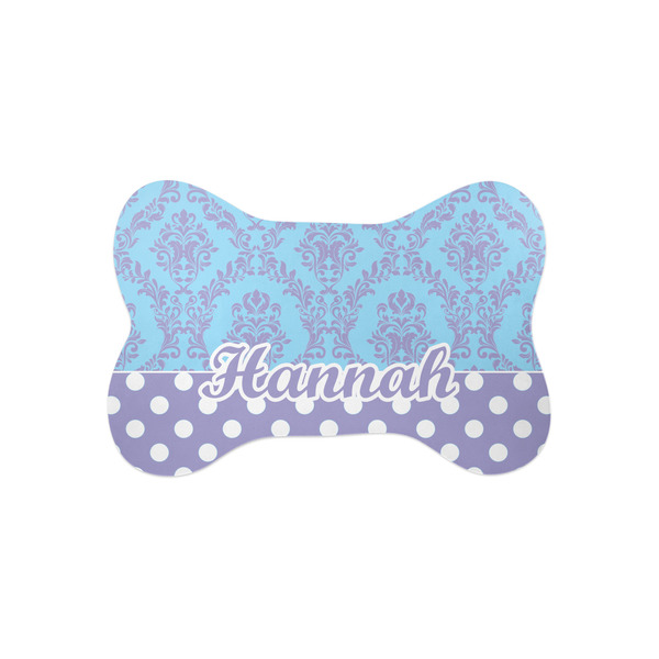 Custom Purple Damask & Dots Bone Shaped Dog Food Mat (Small) (Personalized)