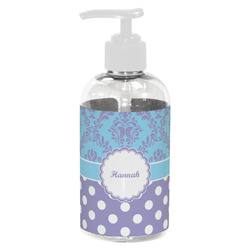 Purple Damask & Dots Plastic Soap / Lotion Dispenser (8 oz - Small - White) (Personalized)